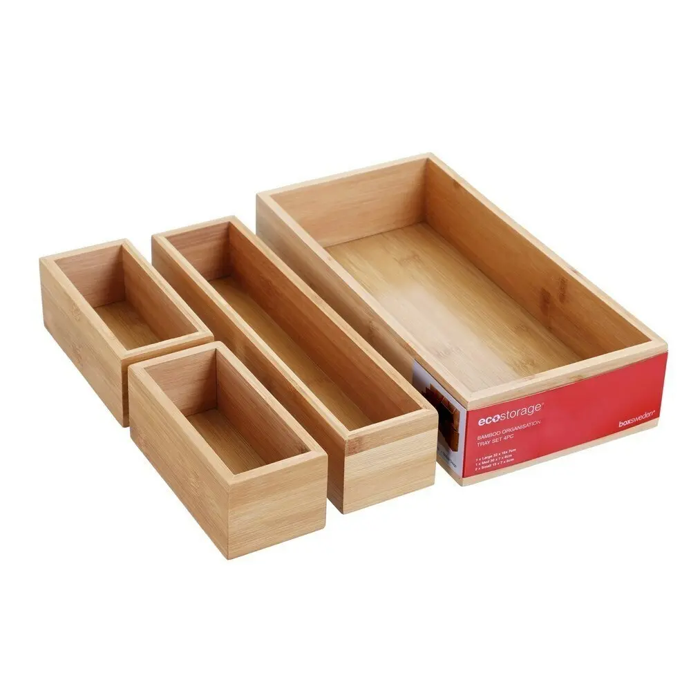 4Pc Boxsweden Bamboo Organisation Tray Set 32cm Home Kitchen Storage Organiser