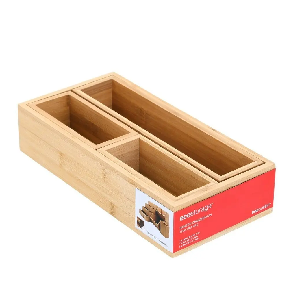 4Pc Boxsweden Bamboo Organisation Tray Set 32cm Home Kitchen Storage Organiser