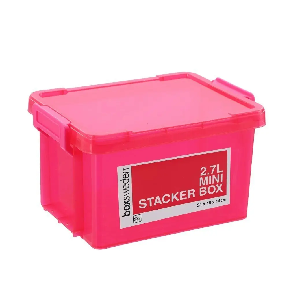 3x Boxsweden 2.7L Mini Stacker Box 24cm w/ Clip Lock Lid Storage Container Pink