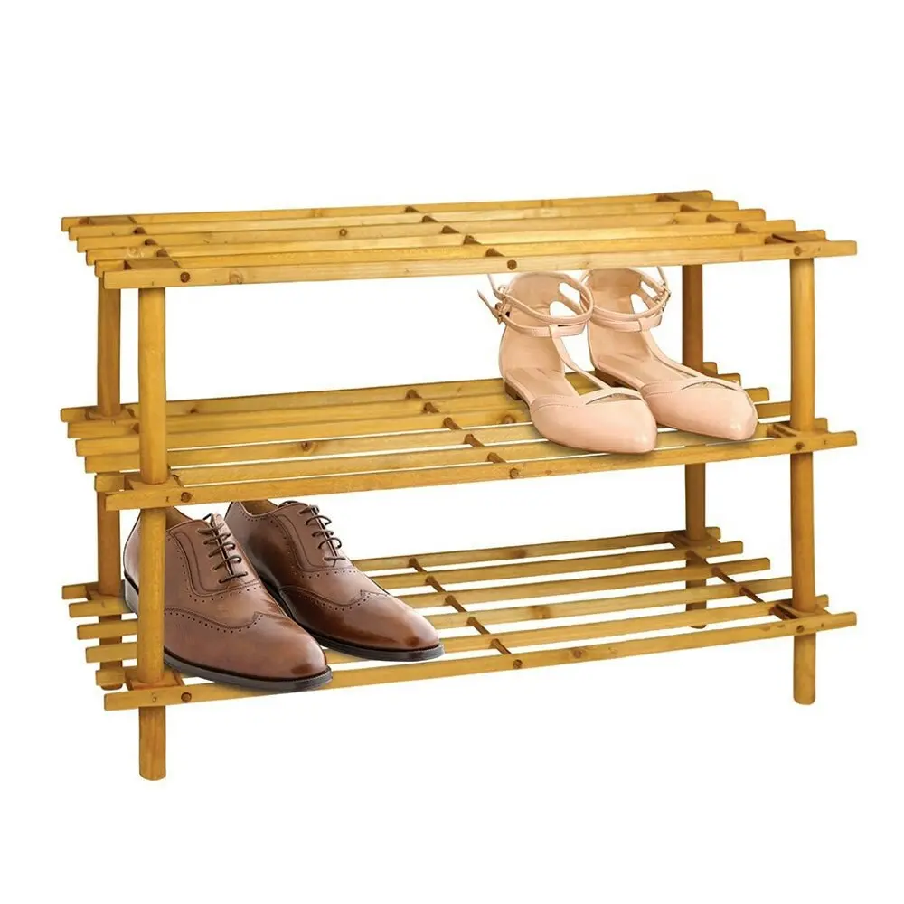 Boxsweden 3 Tier 74cm Wooden Shoe Rack Wood Storage Home Organiser Stand Brown