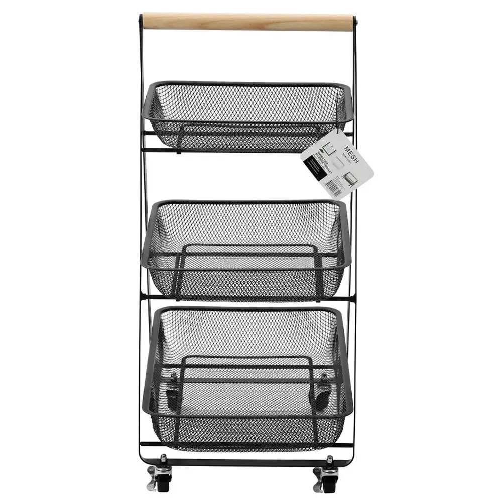 Boxsweden 85cm Mesh 3 Tier Storage Trolley Organiser/Shelf Rack w/Wheels Black