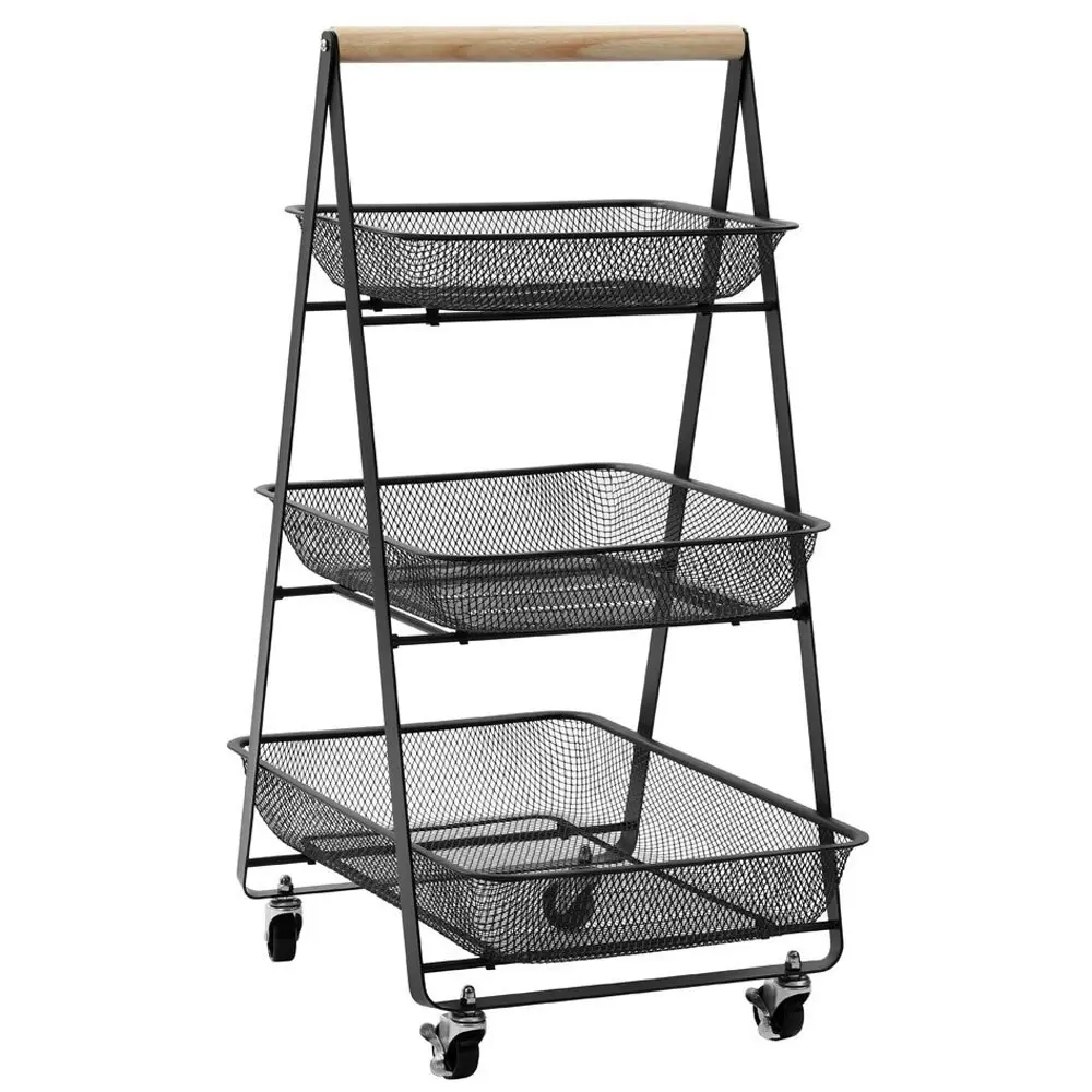 Boxsweden 85cm Mesh 3 Tier Storage Trolley Organiser/Shelf Rack w/Wheels Black