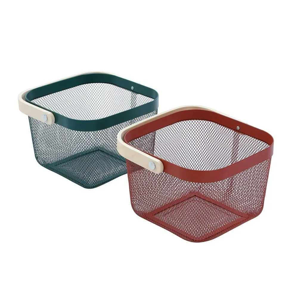 2x Boxsweden Mesh Storage 25cm Basket Home Organiser w/ Birch Wood Handle Asst