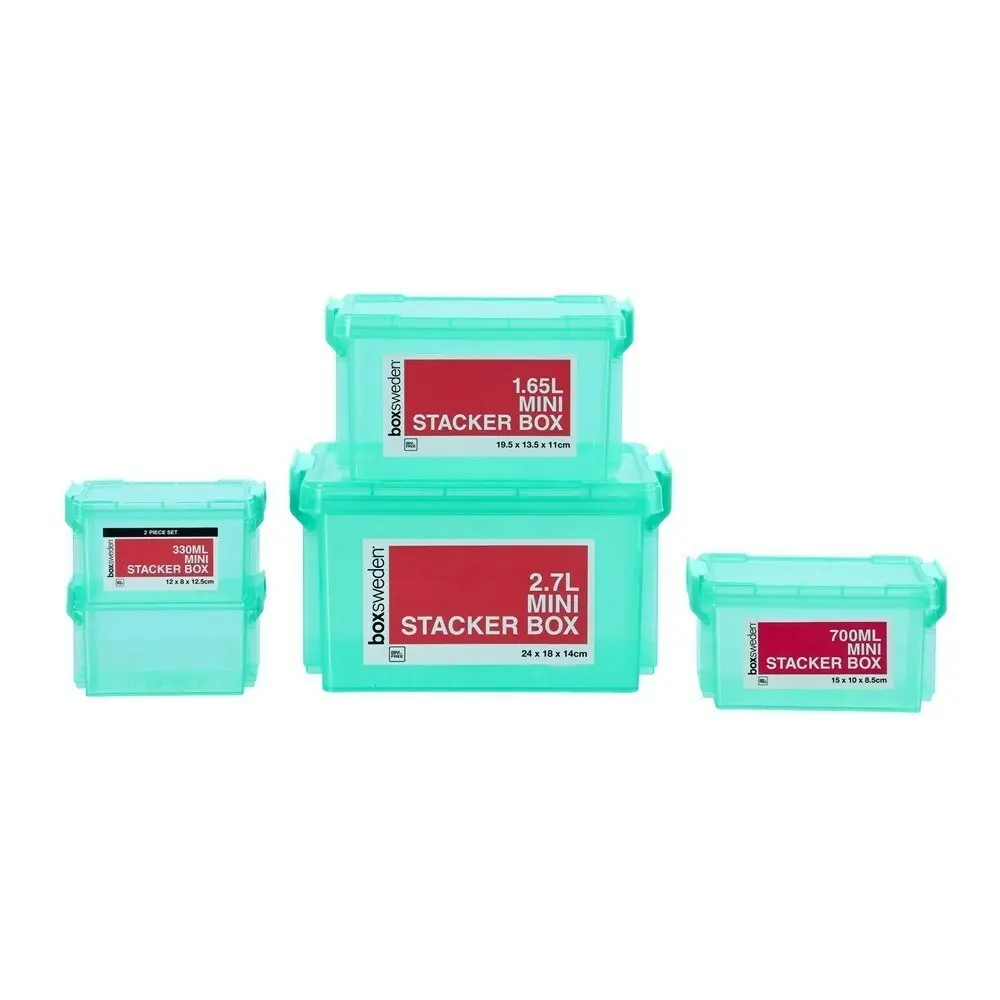 4x Boxsweden 1.65L Mini Stacker 19.5cm w/ Clip Lock Lid Storage Container Teal