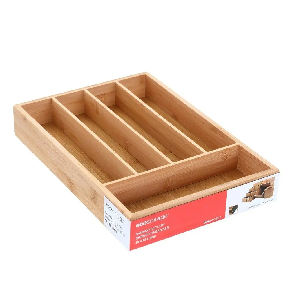 2x Boxsweden Bamboo Cutlery Organiser Drawer 5 Compartment 33x23cm Storage Tray