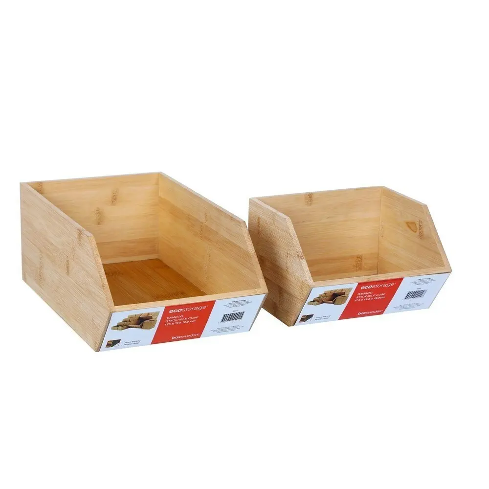 3PK Boxsweden Bamboo Wood Stackable Cube 17.5x15.5cm Storage Organiser Holder