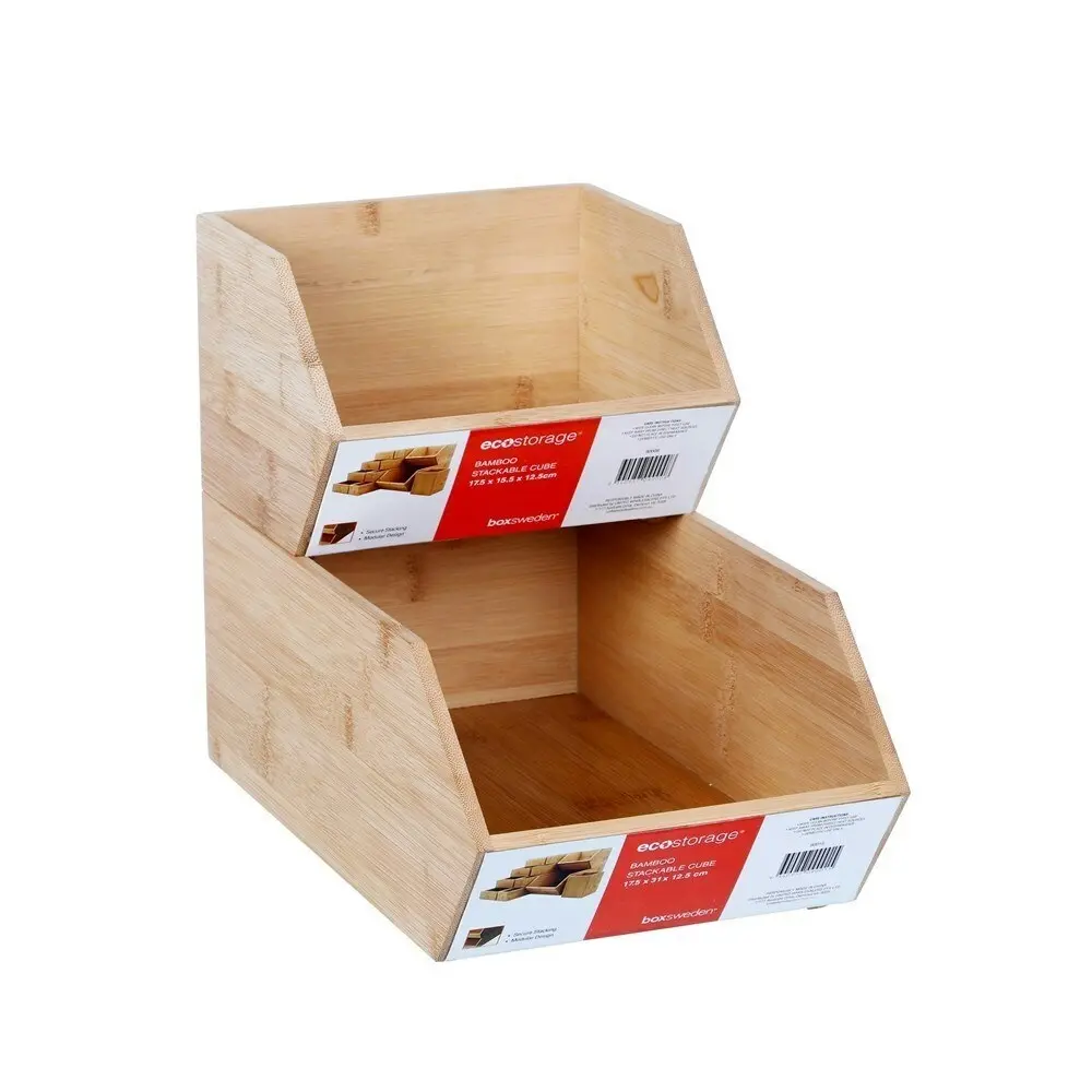 3PK Boxsweden Bamboo Wood Stackable Cube 17.5x15.5cm Storage Organiser Holder