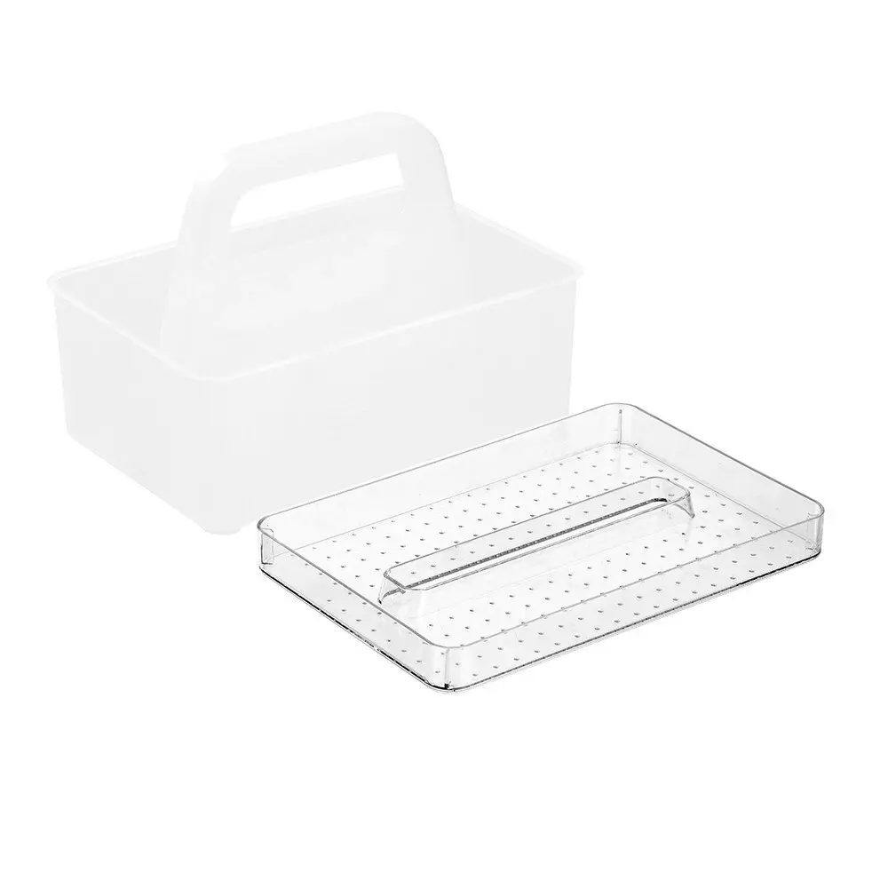 Boxsweden 26x18cm Storage Caddy Home Organiser w/ Clear Tray/Carry Handle White