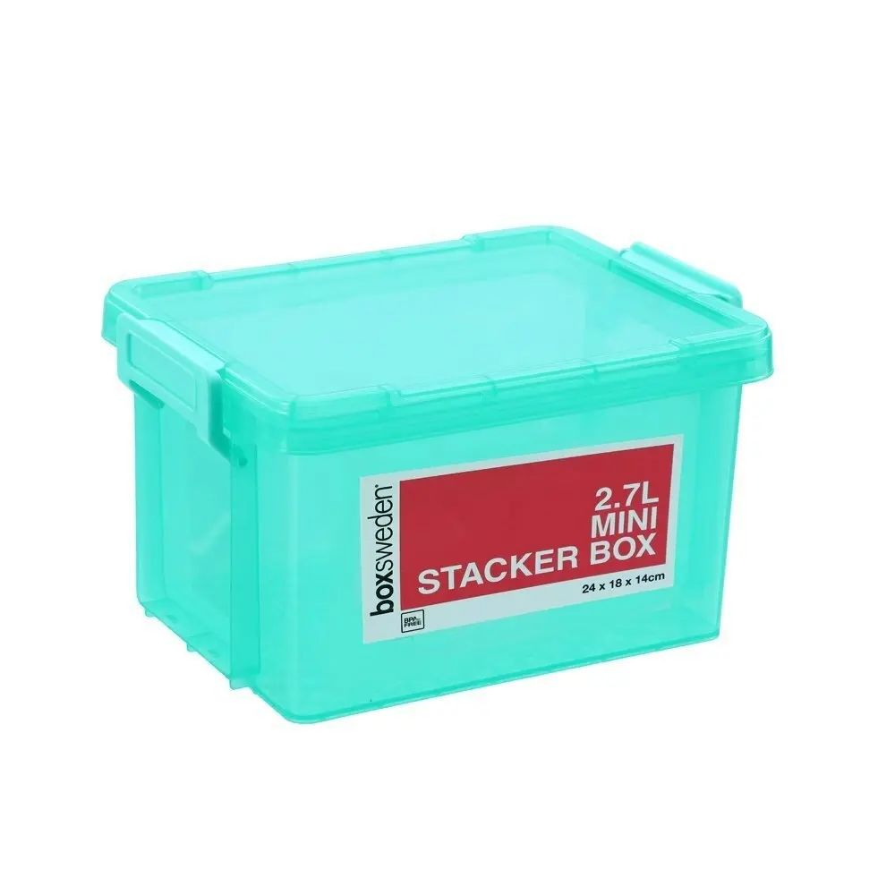 3x Boxsweden 2.7L Mini Stacker Box 24cm w/ Clip Lock Lid Storage Container Teal