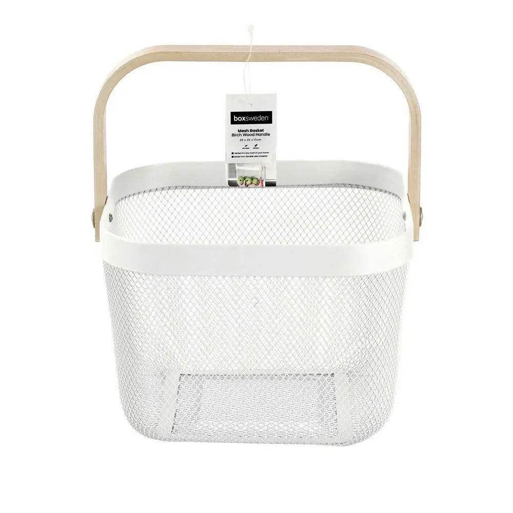 Boxsweden 25x25x17cm Mesh Home Storage Basket/Organiser w/Wooden Handle White