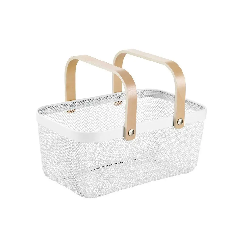 Boxsweden 40x25x17cm Mesh Home Storage Basket/Organiser w/Wooden Handle White