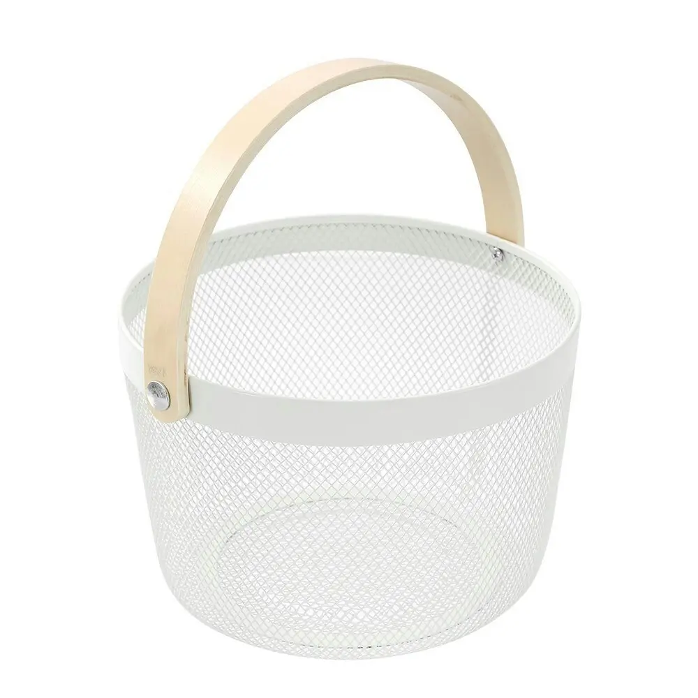 Boxsweden 26x18cm Mesh Round Home Storage Basket w/ Wood Handle Organiser White