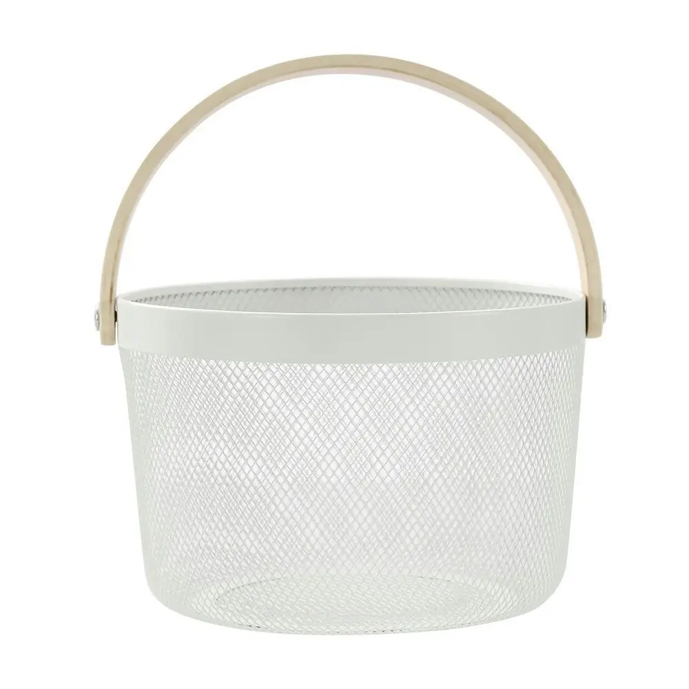 Boxsweden 26x18cm Mesh Round Home Storage Basket w/ Wood Handle Organiser White