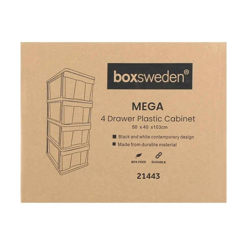 Boxsweden 103cm Mega 4 Standing Storage Drawer Plastic Cabinet Container BK/WT