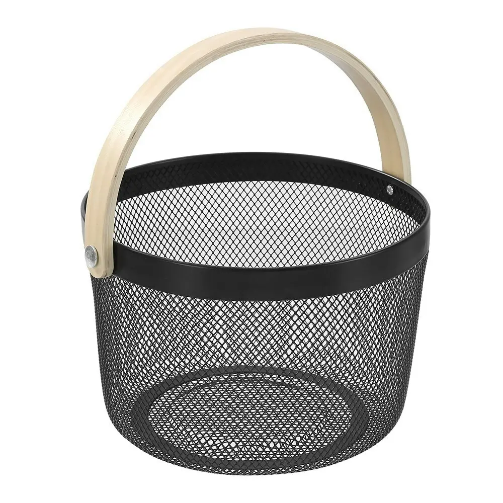 Boxsweden 26x18cm Mesh Round Home Storage Basket w/ Wood Handle Organiser Black