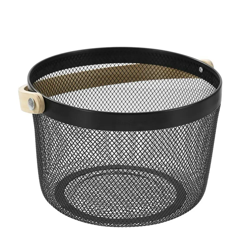 Boxsweden 26x18cm Mesh Round Home Storage Basket w/ Wood Handle Organiser Black