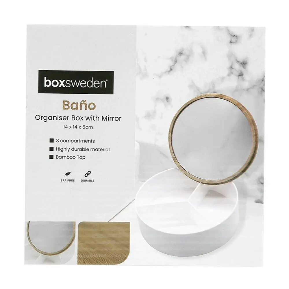 Boxsweden Bano Round 14cm Organiser Storage w/ Mirror Bamboo Top Home Decor