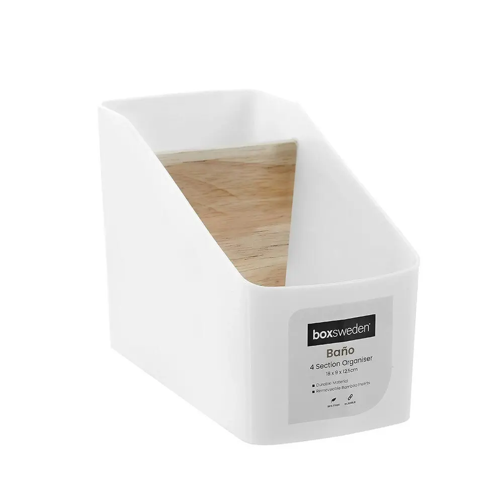 Boxsweden 18cm Bano Organiser 4 Section Bamboo Bathroom/Home Storage Box White