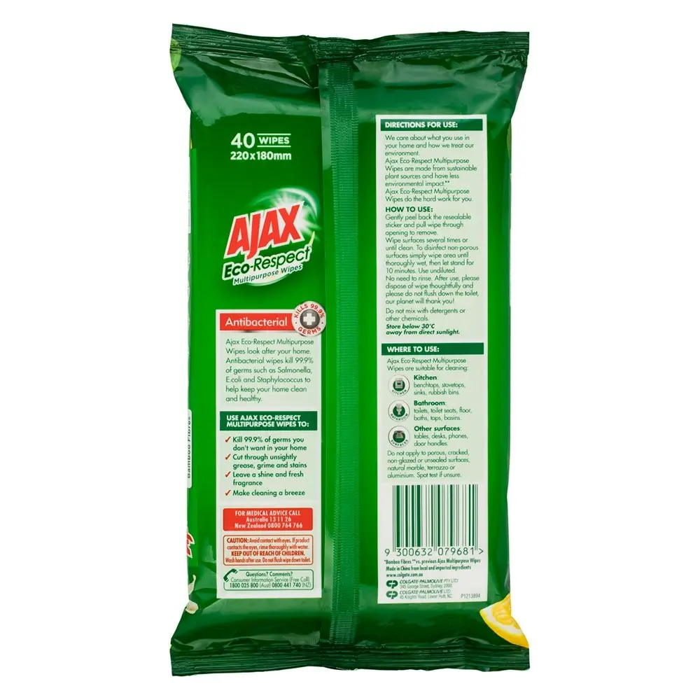 40pc Ajax Eco-Respect Multipurpose Antibacterial Surface Cleaning Wet Wipes