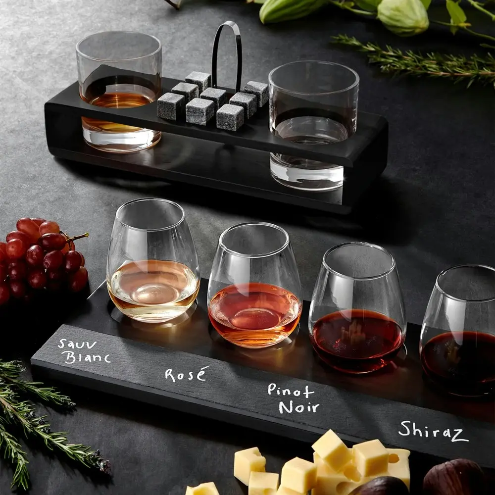 5pc Tempa Atticus Wooden Wine Tasting Paddle/Glass Set 375ml Black Home/Kitchen