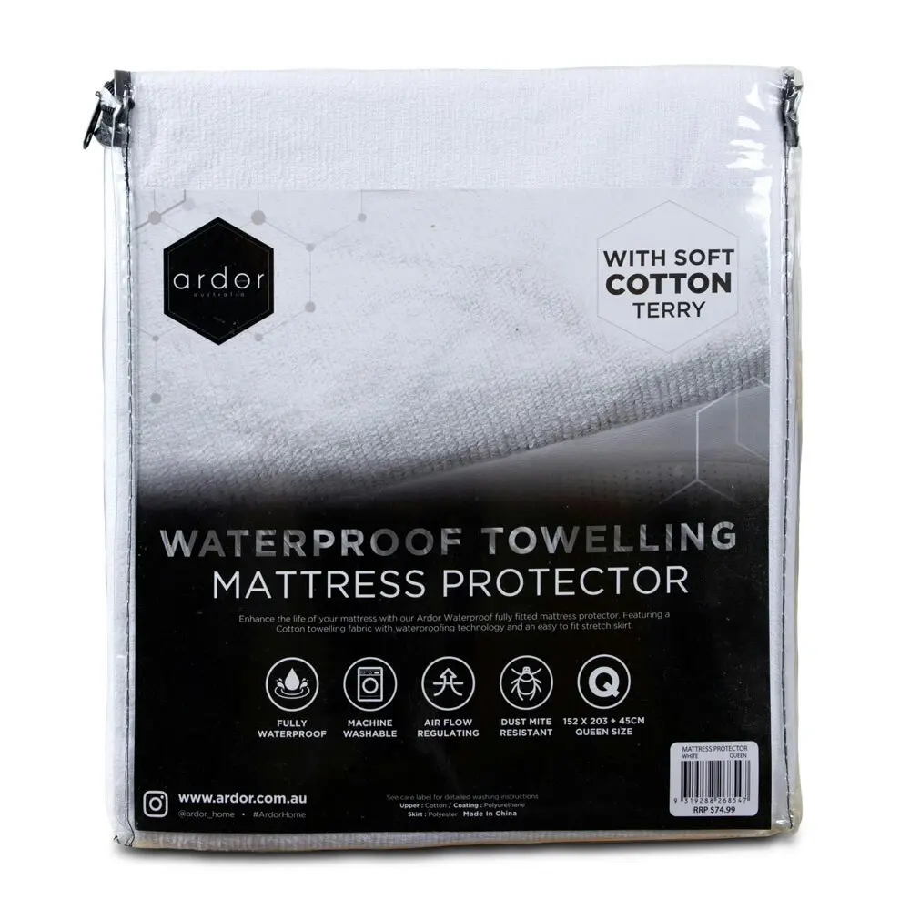 Ardor Waterproof Towelling Mattress Protector Queen Bed Fitted Cotton White