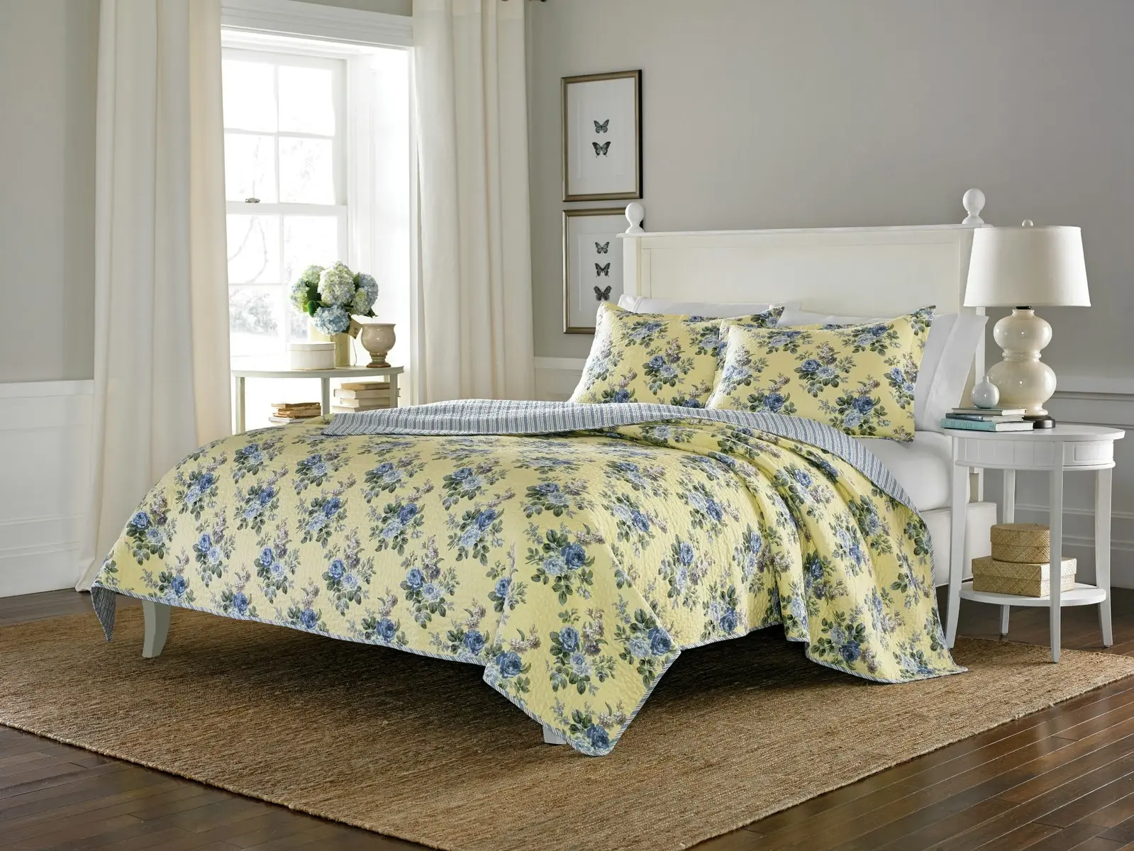 Laura Ashley Queen Bed Linley Printed Cotton Coverlet/2x Pillowcases Set Yellow