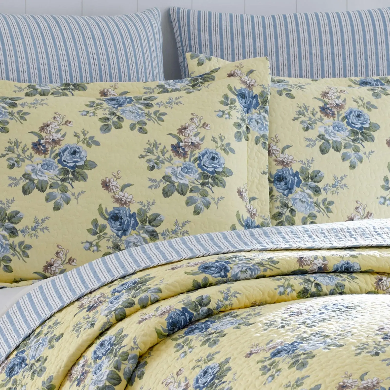 Laura Ashley Queen Bed Linley Printed Cotton Coverlet/2x Pillowcases Set Yellow