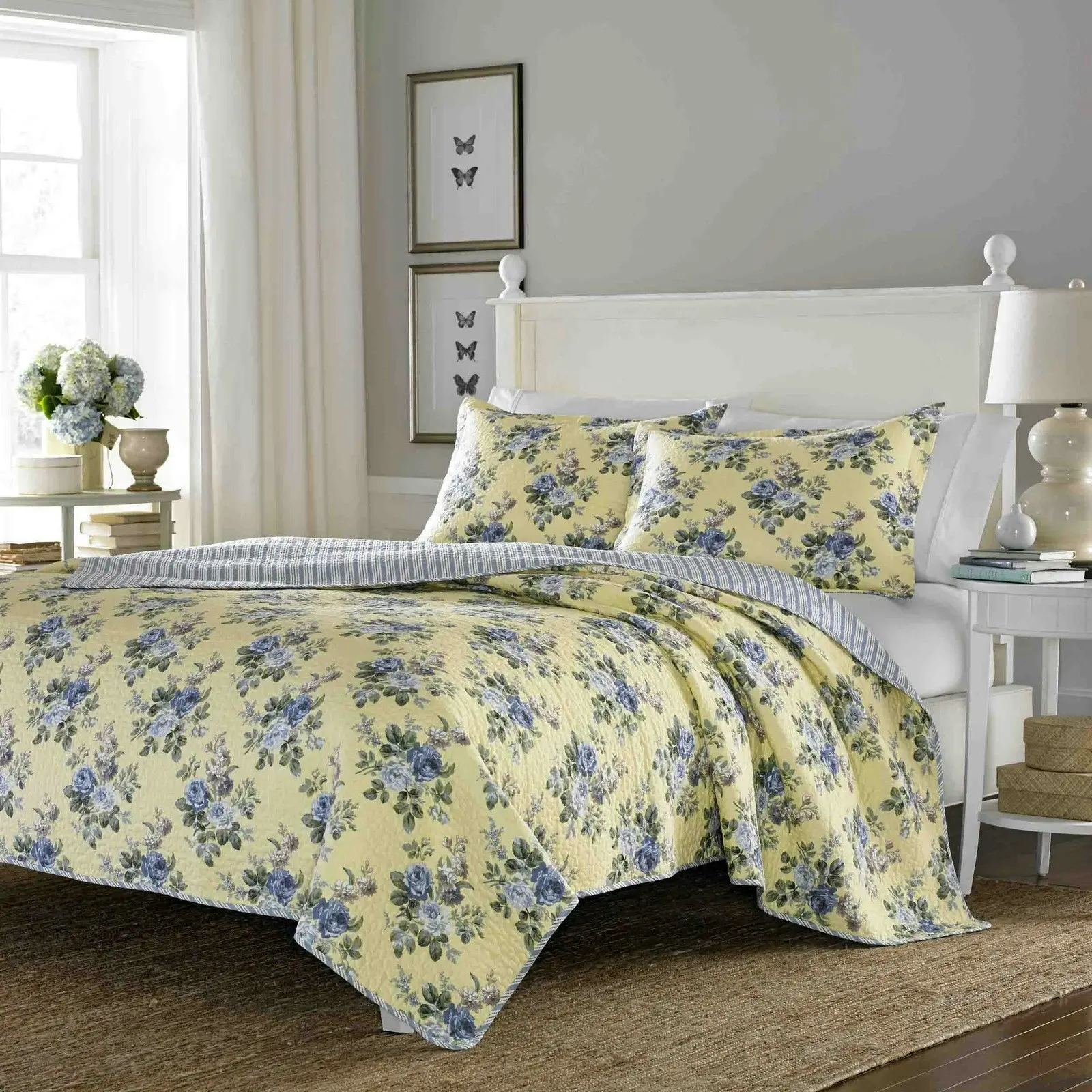 Laura Ashley Queen Bed Linley Printed Cotton Coverlet/2x Pillowcases Set Yellow