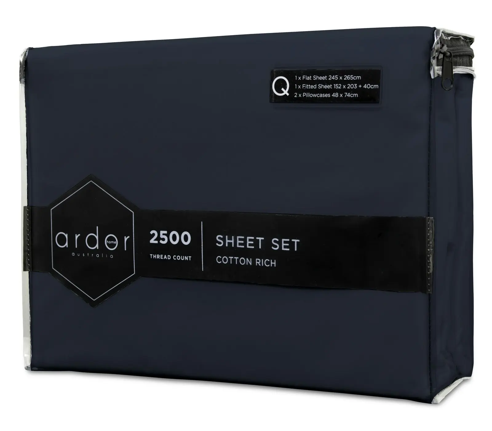 Ardor 2500TC Cotton Rich Queen Bed Size Fitted Sheet Set w/ 2x Pillowcases Navy