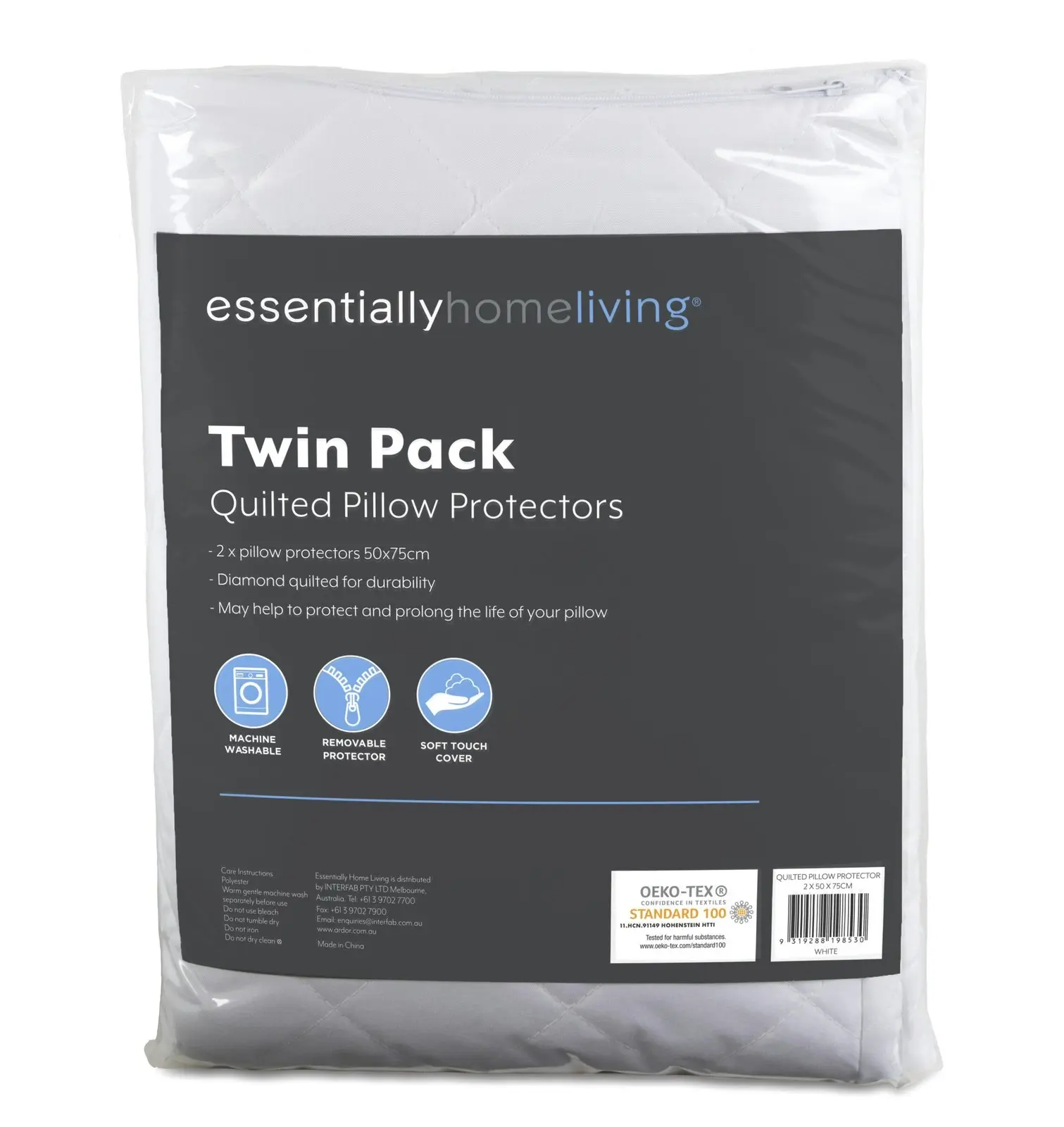 Essentially Home Living Quilted Microfibre Pillow Protector Case Twin Pack White