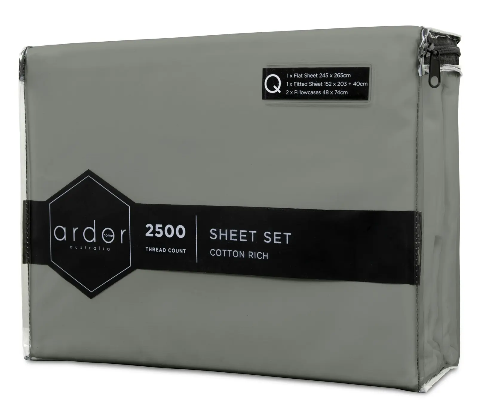 Ardor 2500TC Cotton Rich Queen Bed Size Fitted Sheet Set w/ 2x Pillowcases Grey