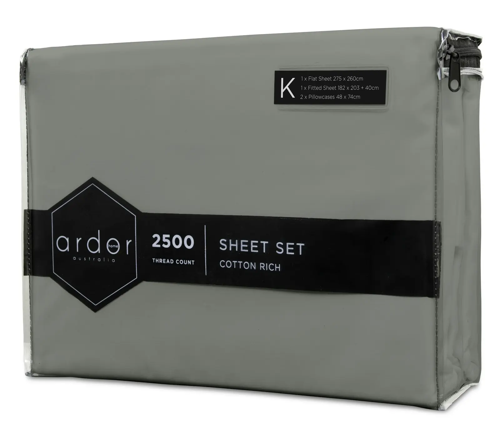 Ardor 2500TC Cotton Rich King Bed Size Fitted Sheet Set w/ 2x Pillowcases Grey