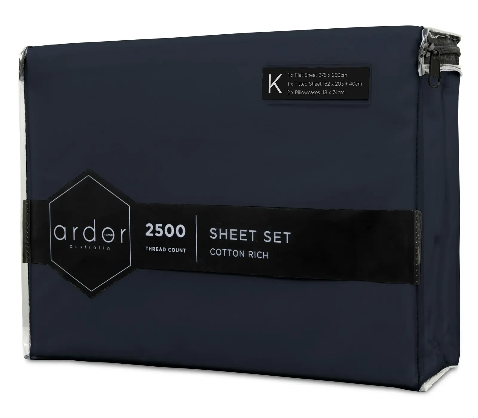 Ardor 2500TC Cotton Rich King Bed Size Fitted Sheet Set w/ 2x Pillowcases Navy