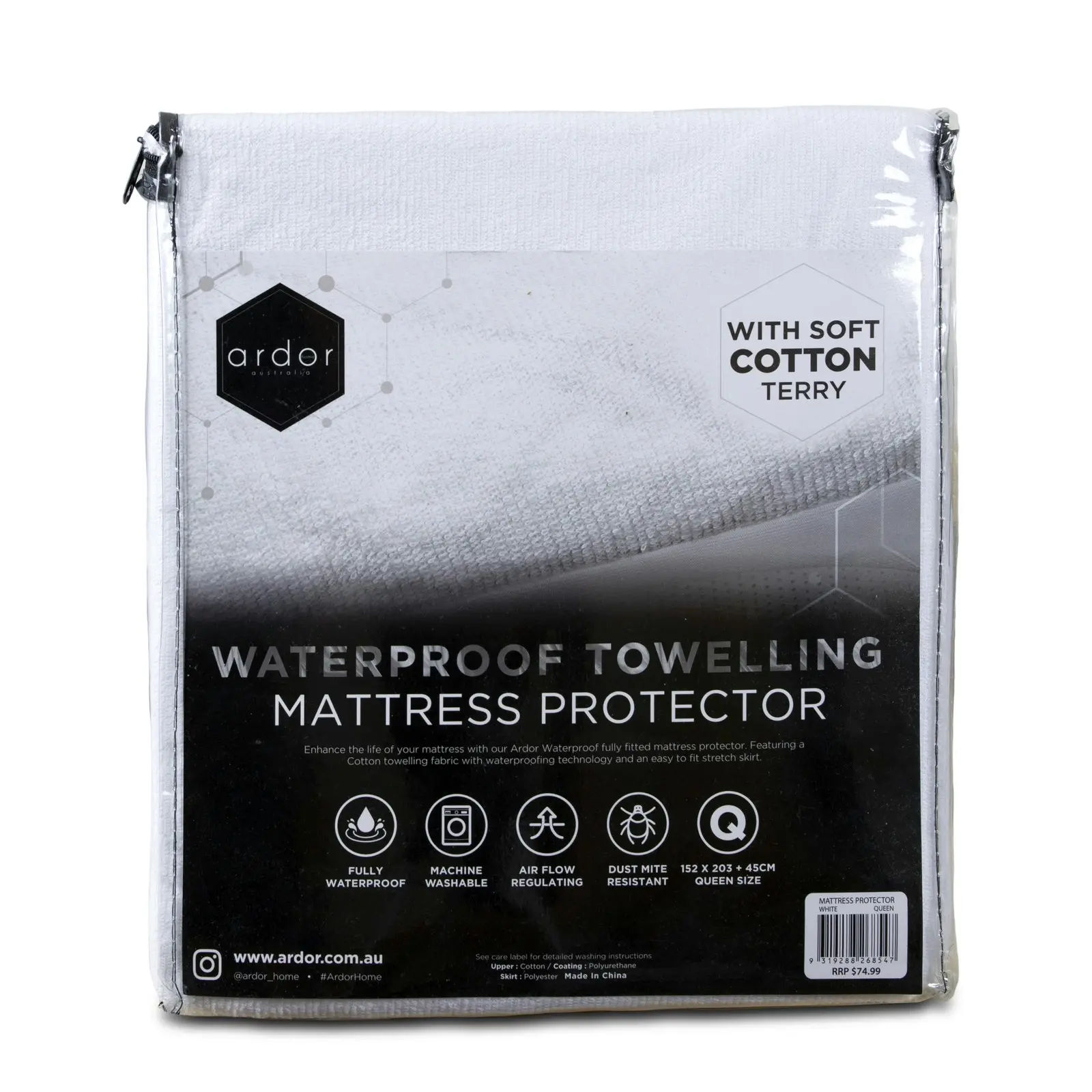 Ardor Towelling Waterproof Double Bed Size Fully Fitted Mattress Protector White