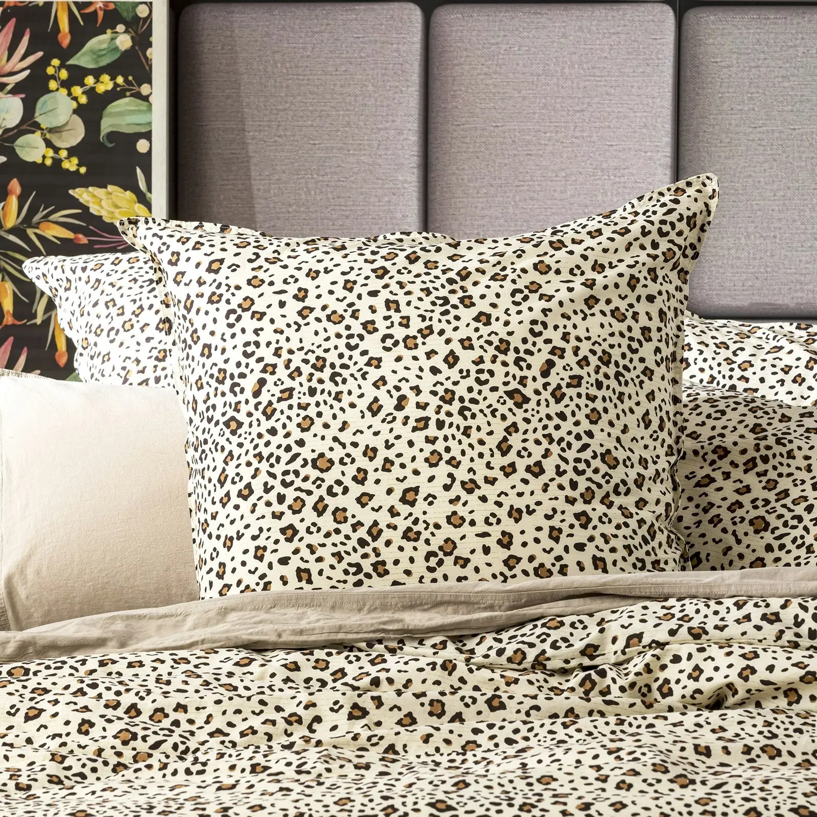 Renee Taylor European King Bed Quilt Cover VINT Washed Printed Cotton Leopard