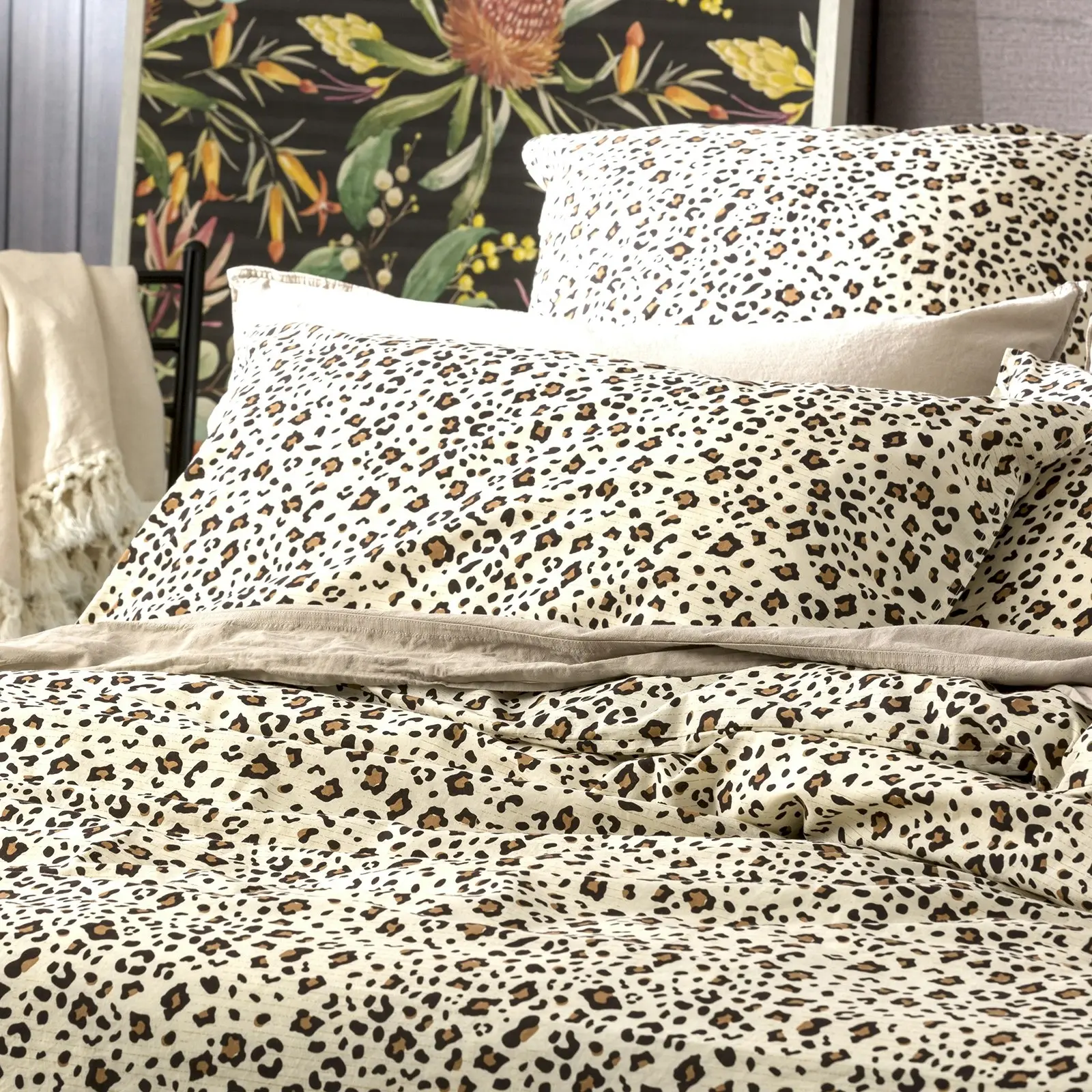 Renee Taylor European King Bed Quilt Cover VINT Washed Printed Cotton Leopard