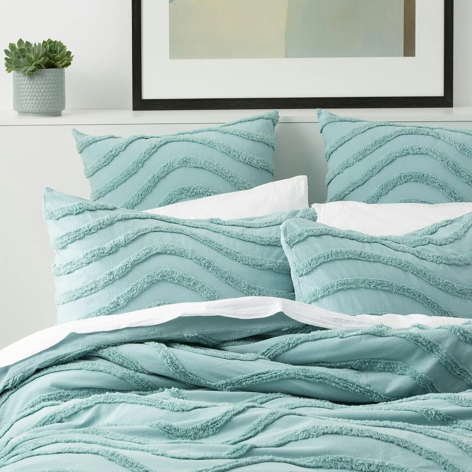 Cloud Linen Wave 65cm Pillowcase Cotton Chenille Vintage Washed Tufted Euro Aqua