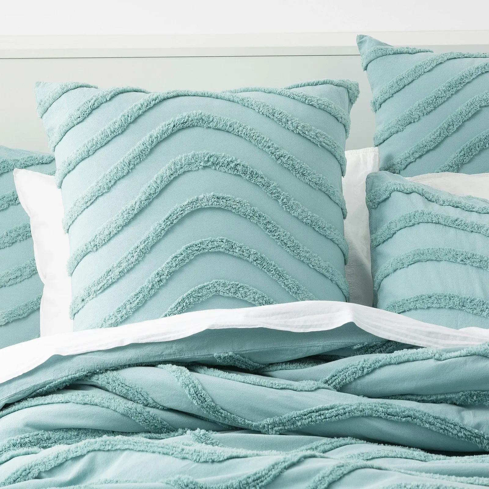 Cloud Linen Wave 65cm Pillowcase Cotton Chenille Vintage Washed Tufted Euro Aqua