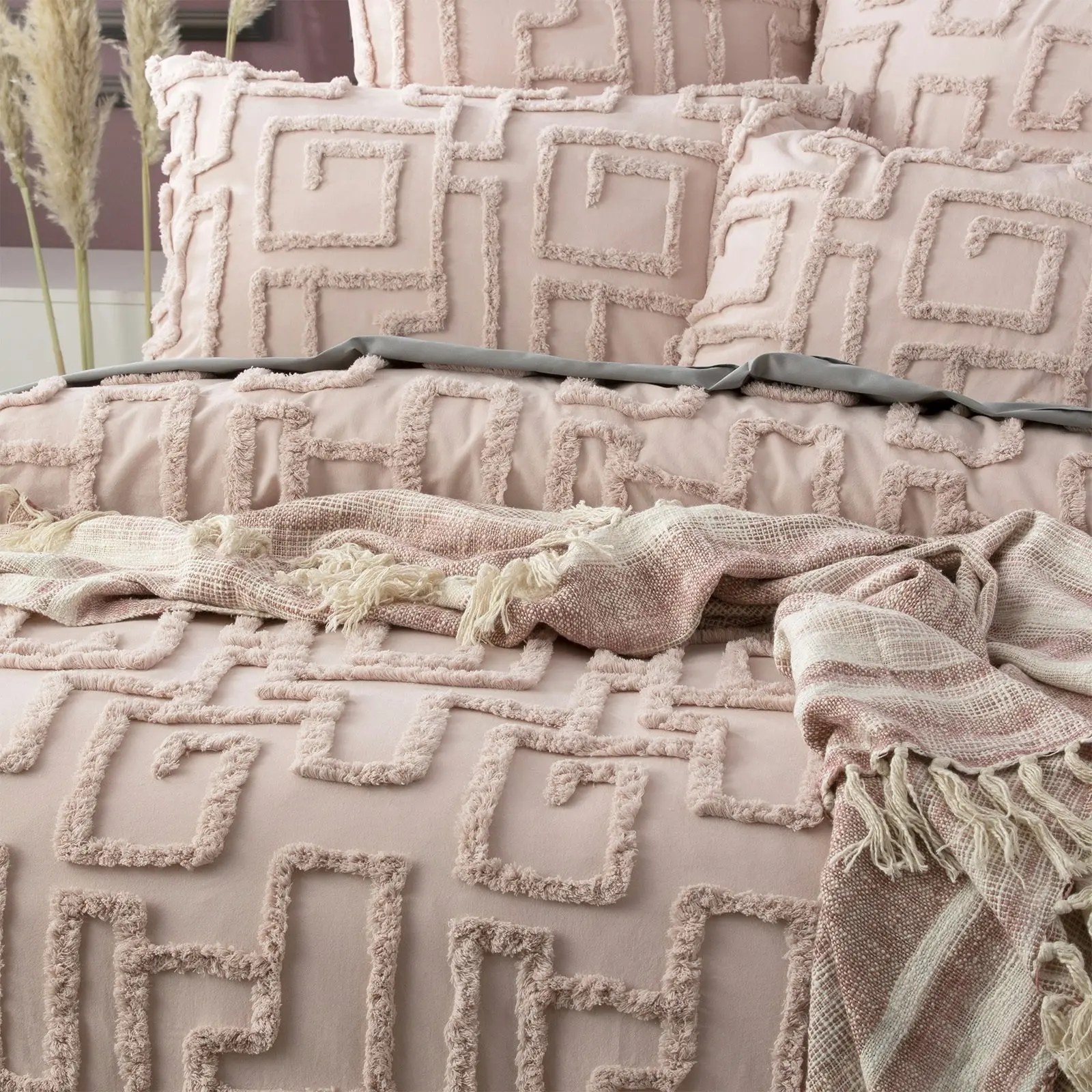 Renee Taylor Riley Double Bed Quilt Cover VT Washed Cotton Chenille Tufted Blush