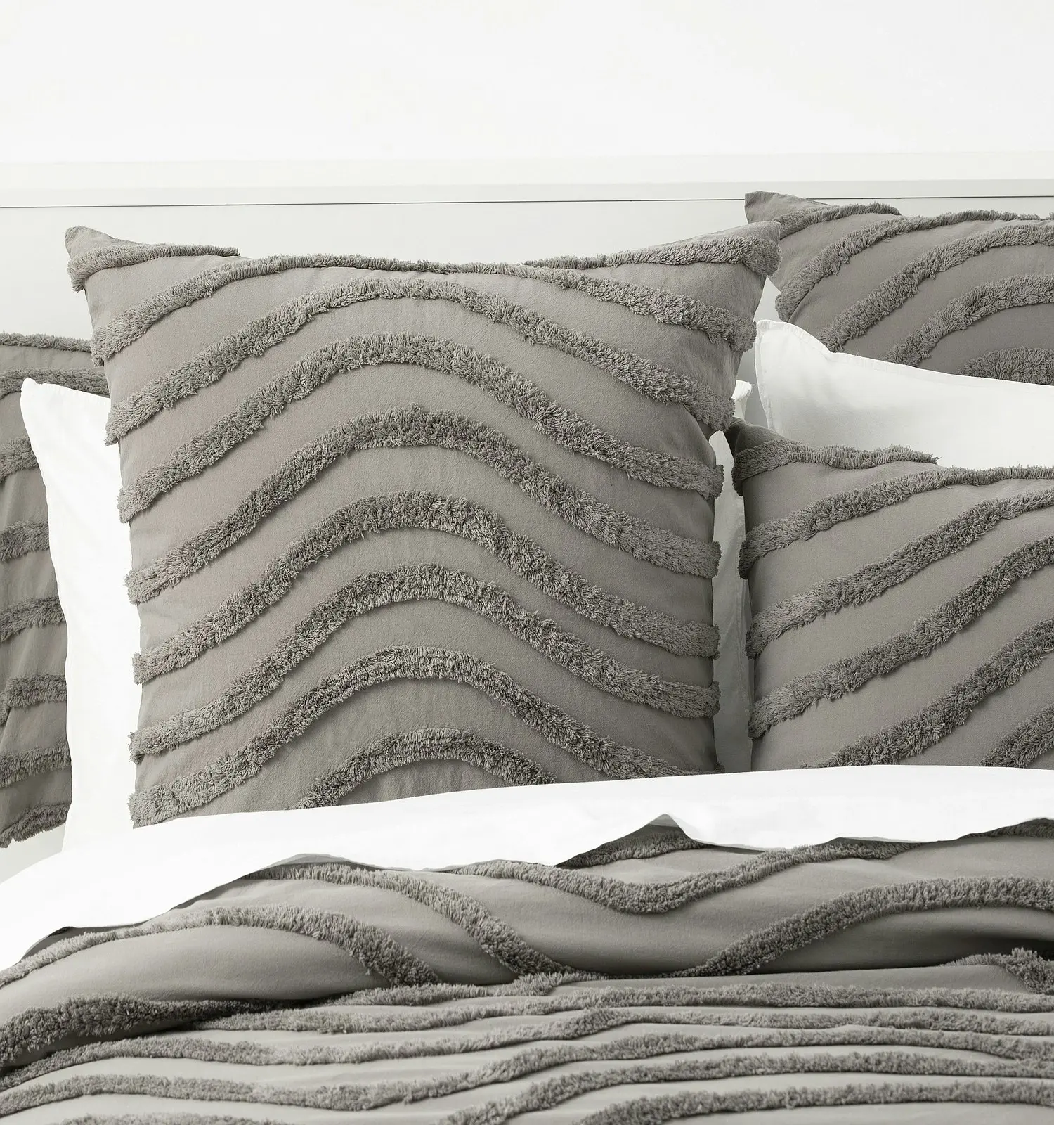 Cloud Linen Wave 65cm Pillowcase Cotton Chenille Vintage Washed Tufted Euro Grey