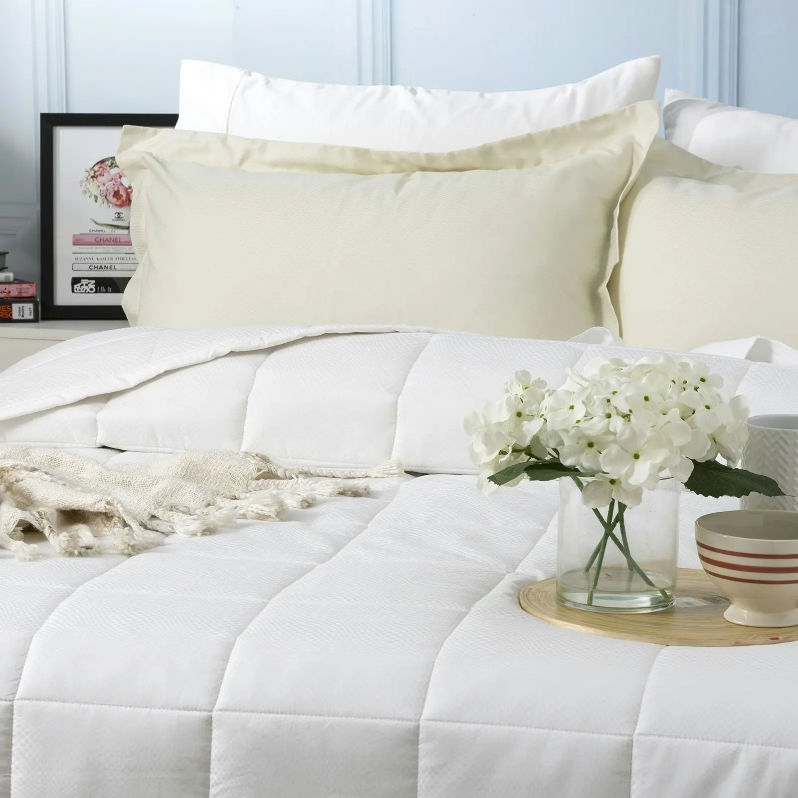 Ddecor Home Checks Queen Bed Comforter Set 500TC Cotton Jacquard Bedding White