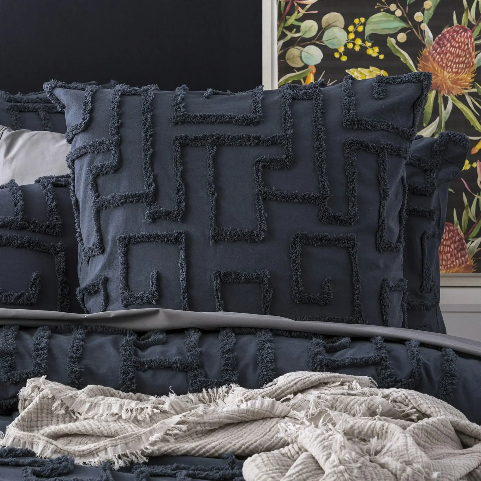 Renee Taylor Riley Queen Bed Quilt Cover VT Washed Cotton Chenille Tufted Slate