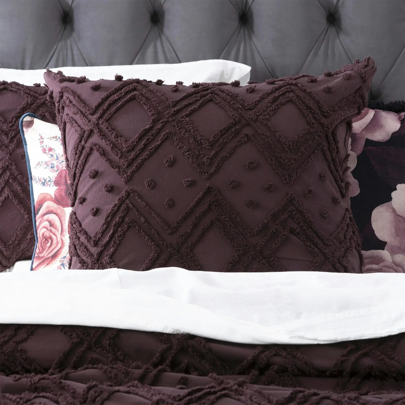 Park Avenue Medallion 65cm Pillowcase Cotton Cover Vintage Washed Tufted Plum