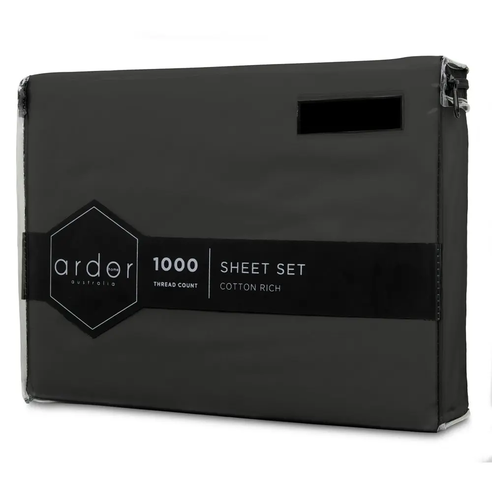 Ardor 1000TC Cotton Rich Double Bed Sheet Set Home Bedding/Pillowcases Charcoal