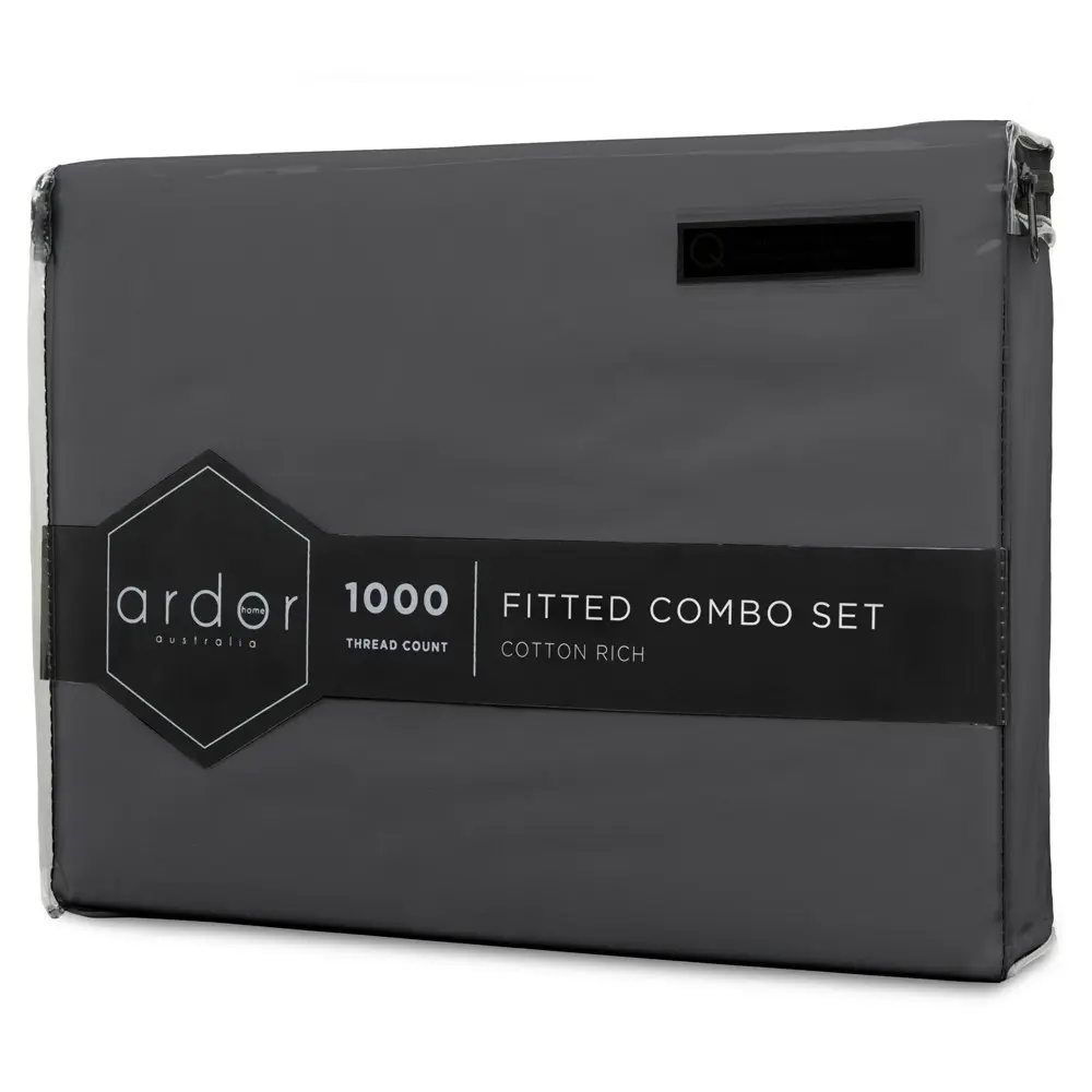 Ardor 1000TC Fitted Combo Single Bed Sheet Set/Pillowcase Home Bedding Charcoal