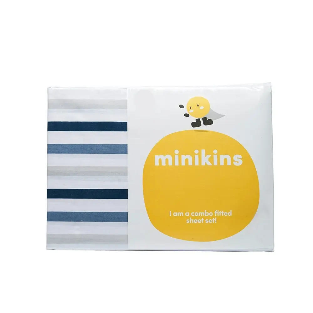 Minikins Junior Single Bed Fitted Sheet Set 180TC Cotton Rich Multi Blue Stripe