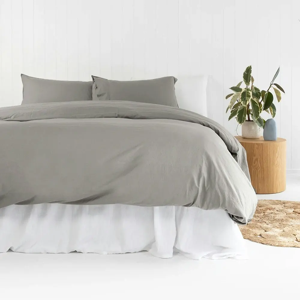 Bambury Temple Double Bed Quilt Cover/Pillowcase Set Washed Organic Cotton Grey