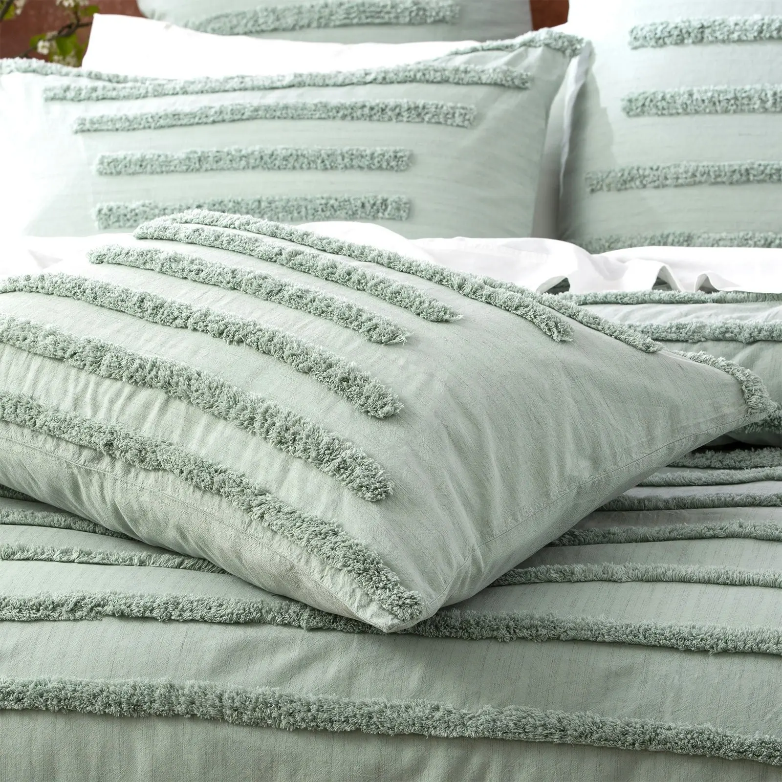 Renee Taylor Classic Super King Bed Quilt Cover Cotton VINT Washed Tufted Sage