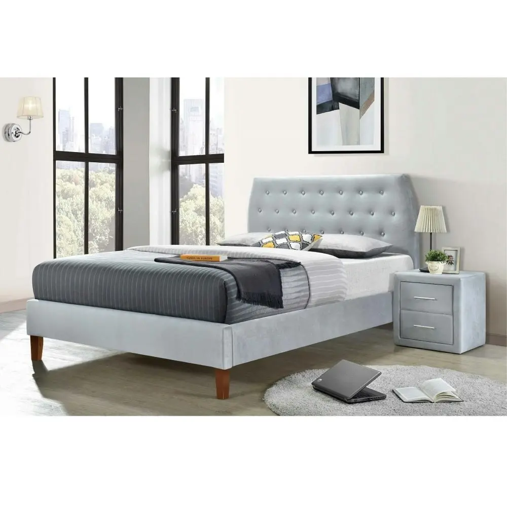 Design Square Designer Modern Velvet Fabric Bed Frame With Headboard King - Light Grey