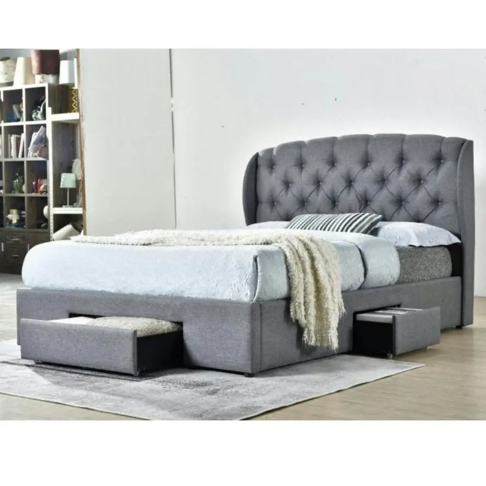 Design Square Modern Designer Fabric Double Tufted Headboard Bed Frame With Drawers Storage - Dark Grey